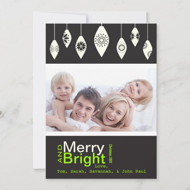 Black Retro Merry and Bright Family Photo Card (Front)