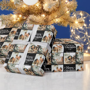 Black Retro Merry Christmas Family 3 Photo Collage Wrapping Paper
