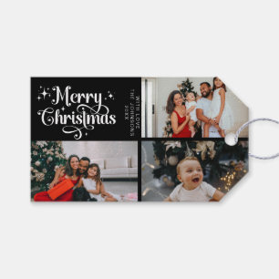 Black Retro Merry Christmas Family Photo Collage Gift Tags