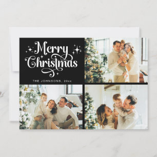Black Retro Merry Christmas Family Photo Collage Holiday Card