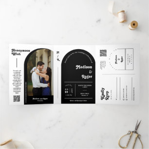 Black Retro Script Boho Arch Photo QR Code Wedding Tri-Fold Invitation
