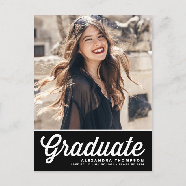 Black Retro Script Class of 2025 Photo Graduation Announcement Postcard (Front)