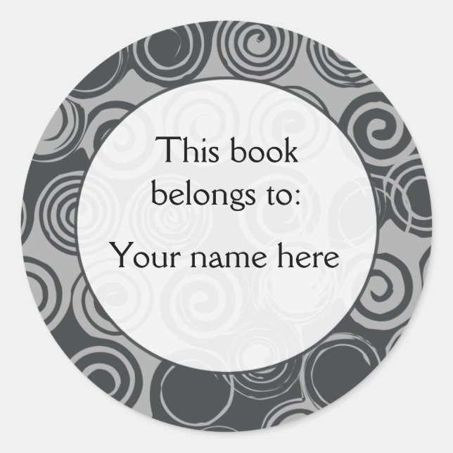 Black Retro Swirls custom bookplates Classic Round Sticker (Front)