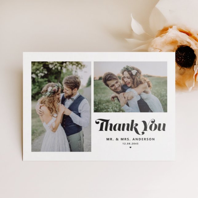 Black Retro Two Photo Wedding Thank You Postcard (Creator Uploaded)