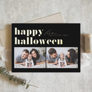 Black Retro Typography Happy Halloween Two Photo Foil Holiday Card