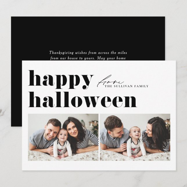 Black Retro Typography Happy Halloween Two Photo  Holiday Card (Front/Back)