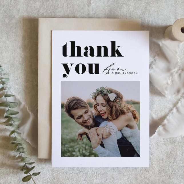 Black Retro Typography Modern Photo Wedding Thank You Card (Creator Uploaded)