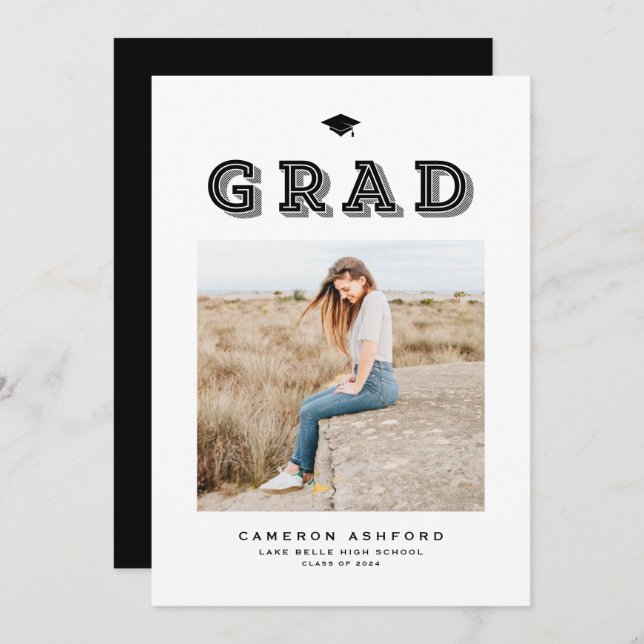 Black Retro Typography Photo Graduation Invitation (Front/Back)