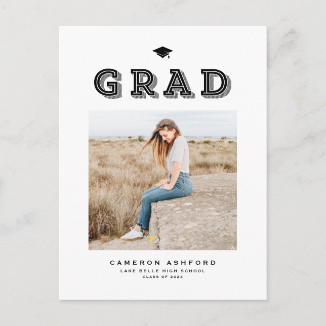 Black Retro Typography Photo Graduation Invitation Postcard (Front)