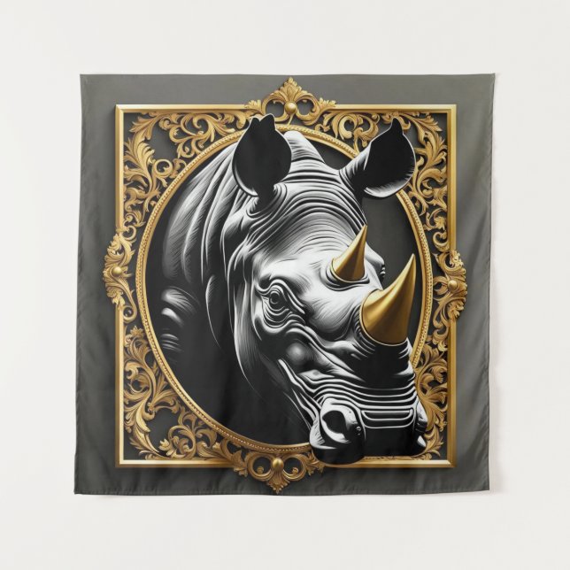 Black rhino gold ornamental frame tapestry (Front)