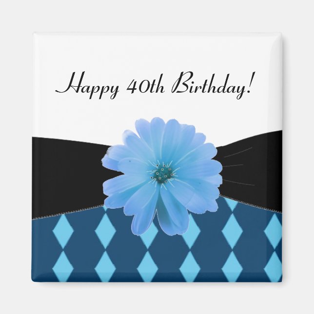 Black Ribbon Blue Flower 40th Birthday Magnet (Front)