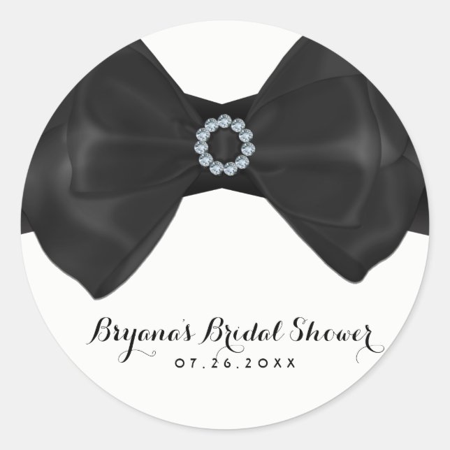 Black Ribbon Bow & Diamonds Bridal Shower Elegant Classic Round Sticker (Front)
