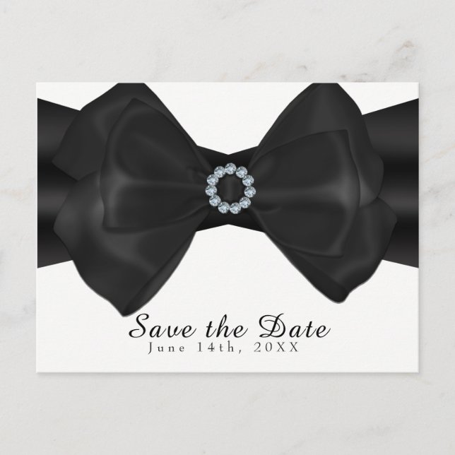 Black Ribbon Bow & Diamonds Elegant Save the Date Announcement Postcard (Front)
