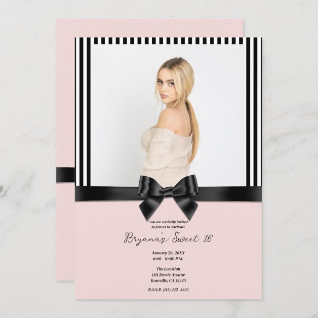 Black Ribbon Bow Stripes Blush Pink Photo Sweet 16 Invitation (Front/Back)