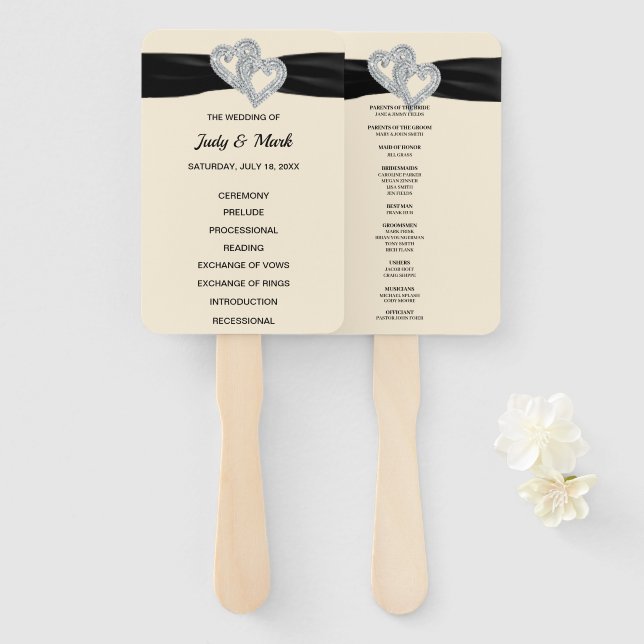 Black Ribbon Diamond Hearts Wedding Program Fans (Front and Back)