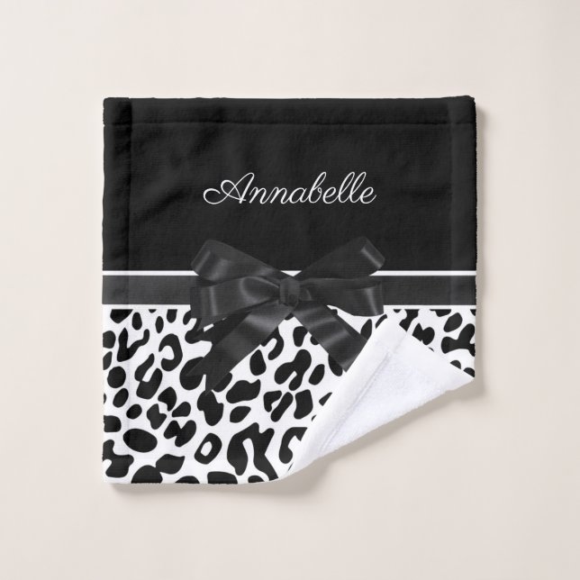 Black Ribbon Leopard Print Bath Towel Set (Wash Cloth)