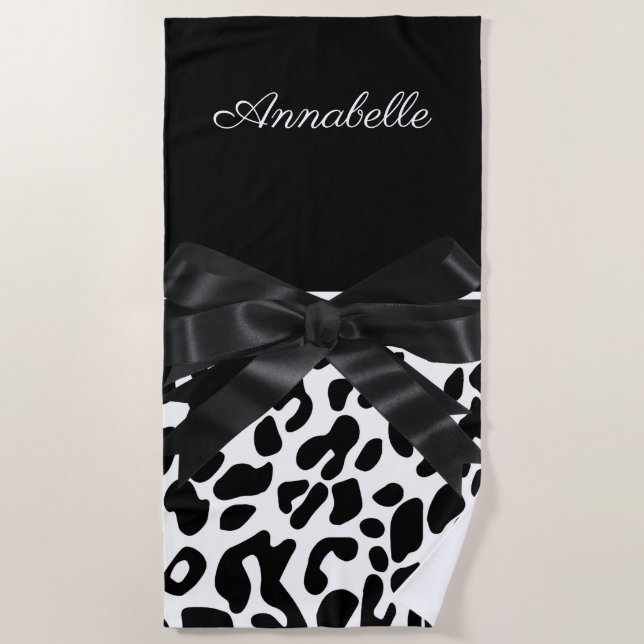 Black Ribbon Leopard Print Beach Towel (Front)