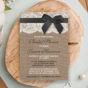 Black Ribbon On Burlap & Lace Bridal Shower Invitation