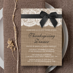 Black Ribbon On Burlap & Lace Thanksgiving Dinner Invitation
