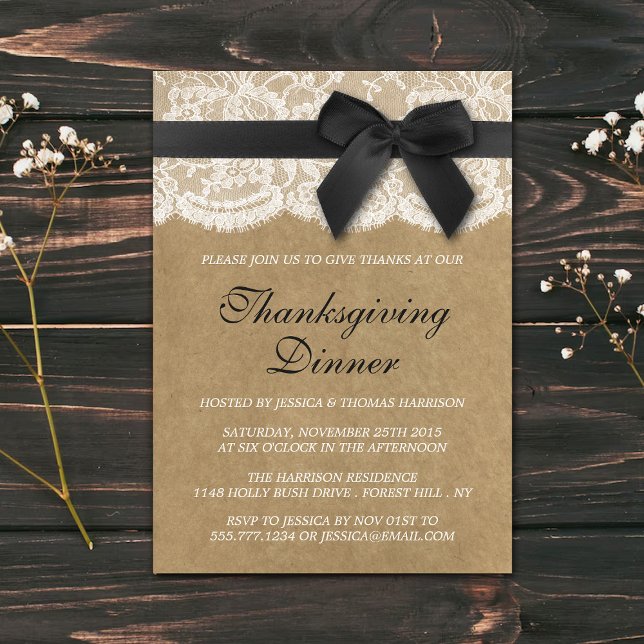 Black Ribbon On Kraft & Lace Thanksgiving Dinner Invitation (Creator Uploaded)