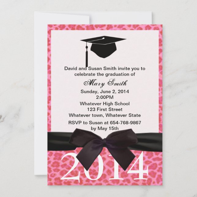 Black Ribbon Pink Leopard Graduation Invitation (Front)