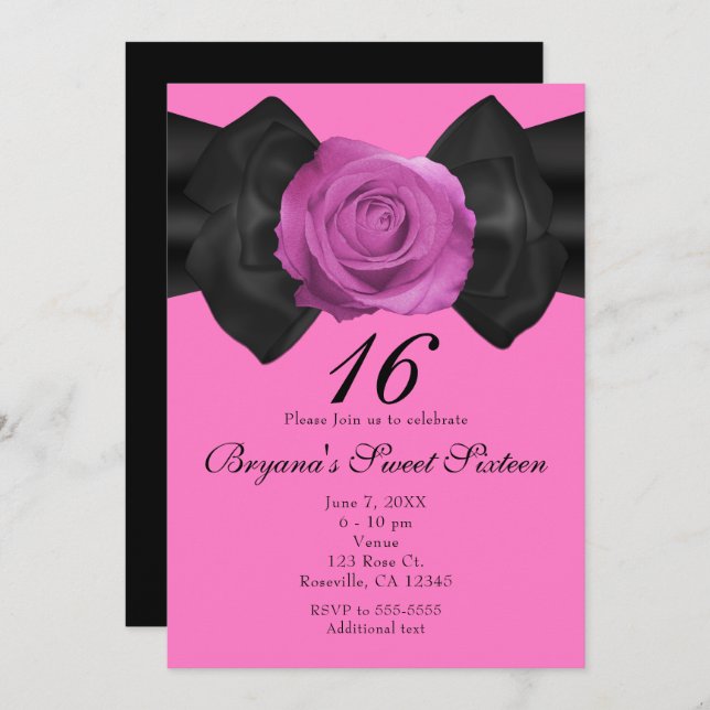 Black Ribbon & Pink Rose ANY COLOR Invitations (Front/Back)