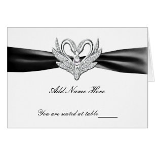 Black Ribbon Silver Swans Folded Table Place Card