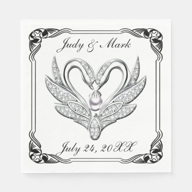 Black Ribbon Silver Swans Paper Napkins (Front)