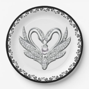Black Ribbon Silver Swans Paper Plate
