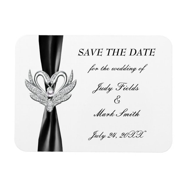 Black Ribbon Silver Swans Save The Date Magnet (Horizontal)