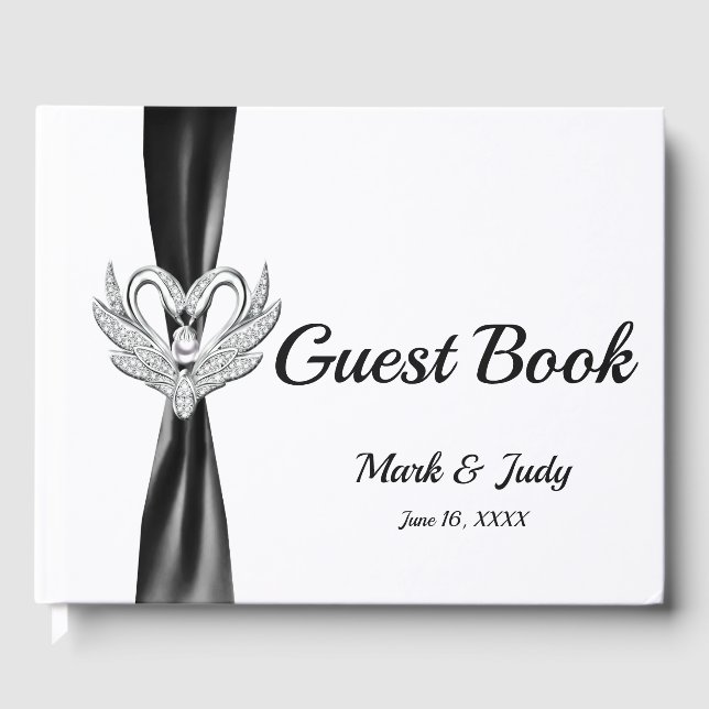 Black Ribbon Silver Swans Wedding Guestbook (Front)