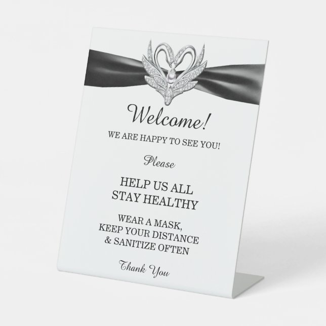 Black Ribbon Silver Swans Wedding Safety  Pedestal Sign (Front)