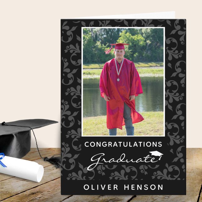 Black Rococo Congratulations Graduation Photo Card (Creator Uploaded)