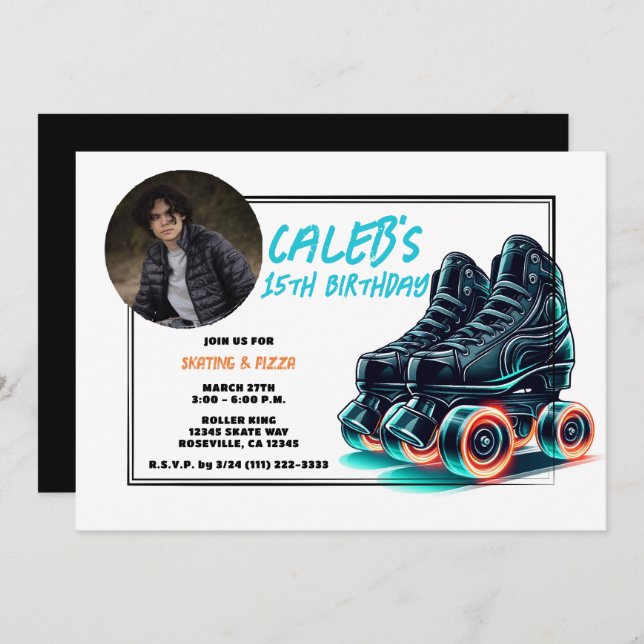 Black Rollerblades Blue Glow Wheels Birthday Party Invitation (Front/Back)