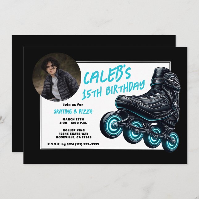 Black Rollerblades Blue Glow Wheels Birthday Party Invitation (Front/Back)