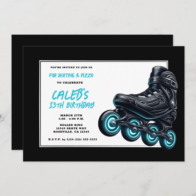 Black Rollerblades Blue Glow Wheels Birthday Party Invitation (Front/Back)