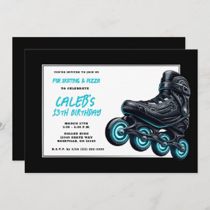 Black Rollerblades Blue Glow Wheels Birthday Party Invitation