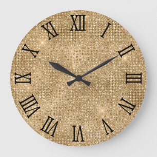 Black Roman Numerals Gold Disco Glitter Large Clock