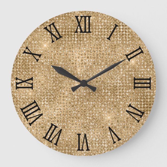 Black Roman Numerals Gold Disco Glitter Large Clock (Front)