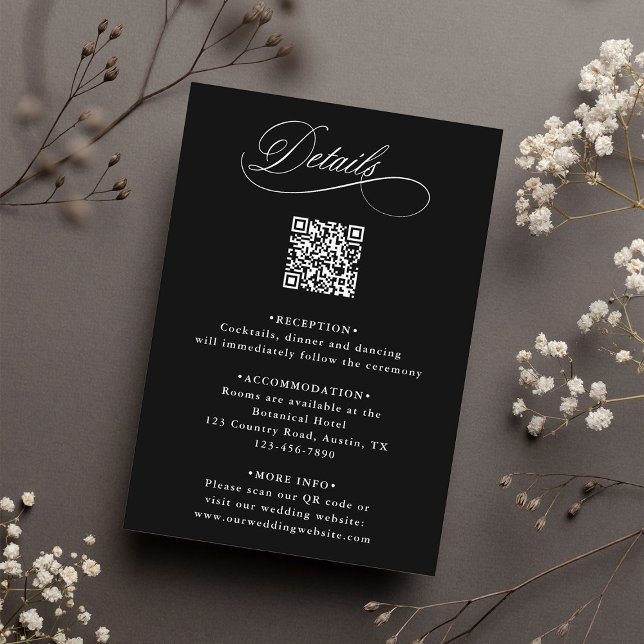 Black Romantic Calligraphy QR Code Wedding Details Enclosure Card (Creator Uploaded)