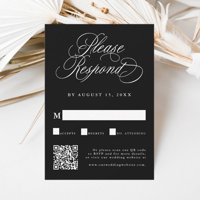 Black Romantic Calligraphy Wedding QR Code RSVP Card (Creator Uploaded)