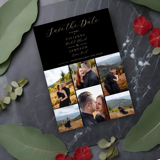 Black Romantic Fancy Chic Collage 6 Pho Save The Date (Black Romantic Fancy Chic Collage 6 Photos Couple Save the Date with Envelope. )