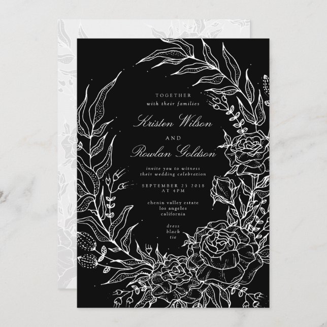 Black Romantic Flower White Wreath White Wedding Invitation (Front/Back)