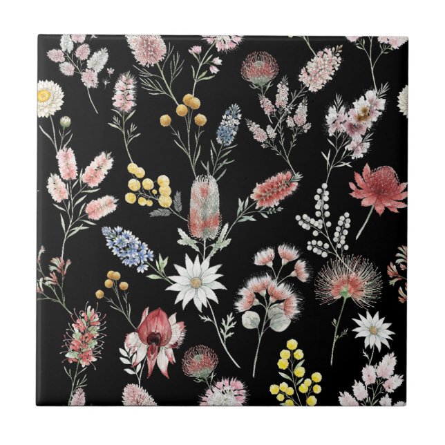 Black Romantic Moody Watercolor Wildflowers Ceramic Tile (Front)