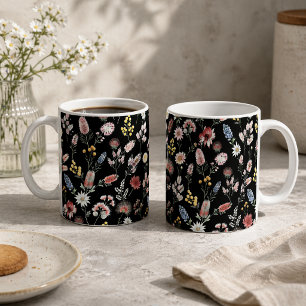 Black Romantic Moody Watercolor Wildflowers Coffee Mug