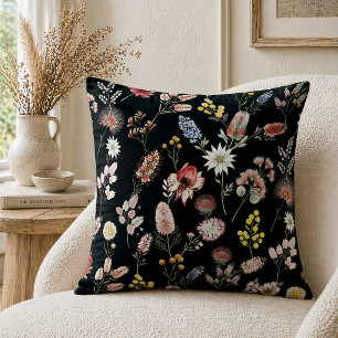 Black Romantic Moody Watercolor Wildflowers Cushion