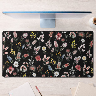 Black Romantic Moody Watercolor Wildflowers Desk Mat