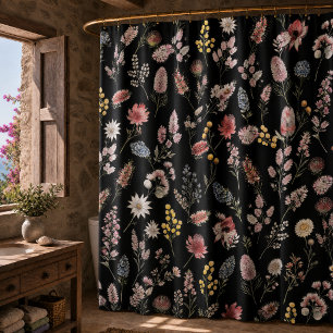 Black Romantic Moody  Watercolor Wildflowers Shower Curtain