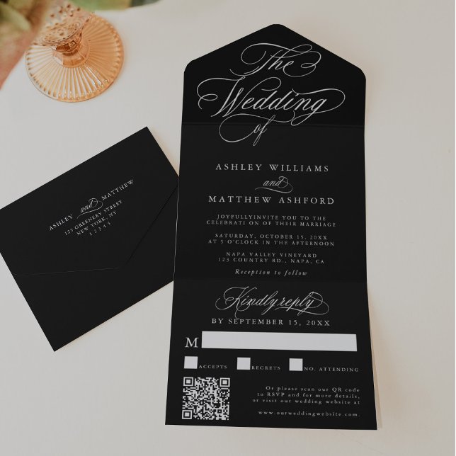 Black Romantic Swirly Calligraphy Wedding All In One Invitation (Creator Uploaded)