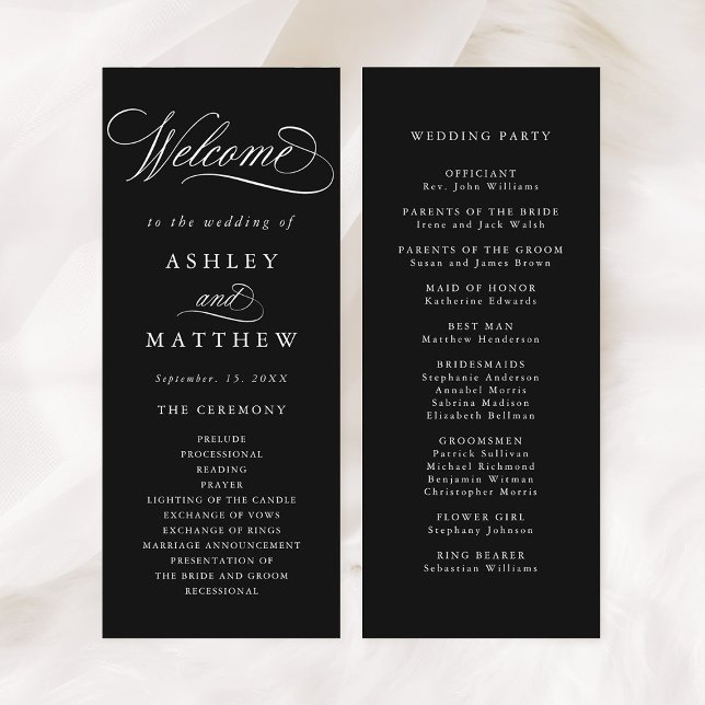 Black Romantic Swirly Calligraphy Wedding Ceremony Program (Front & Back)